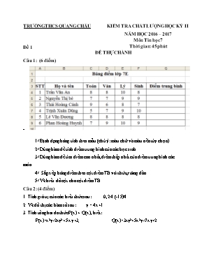 2 Đề kiểm tra chất lượng học kì II môn Tin học Lớp 7 - Năm học 2016-2017 - Trường THCS Quang Châu